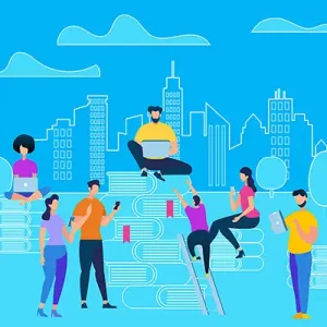 Ein Bild mit comichaft gezeichneten Menschen vor blauem Hintergrund.